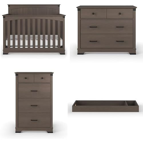 Child Craft Redmond Design 4-in-1 Convertible Baby Crib Nursery Furniture Set - Baby Bed, Dresser, Changing Table Topper and Chest Drawer for Babies, Toddlers and Kids (4 Piece - Coach Cherry)