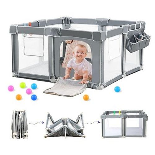 Foldable Baby Playpen 50"x50" with Mat, Out-of-The-Box Ready Playpen for Babies and Toddlers, with Breathable Mesh & Gates, Storage Bag & 4 Handlers