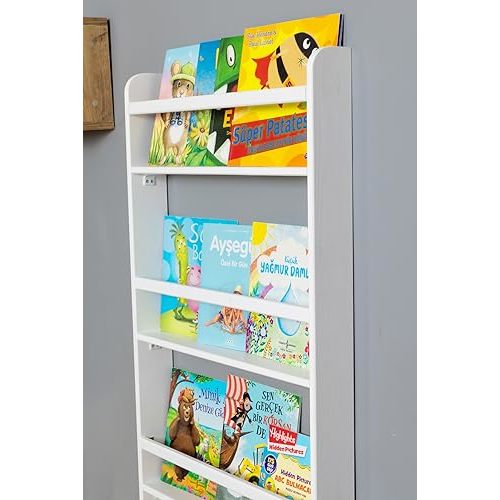 Handmade Solidwood Wall Mounted Montessori Kids Bookshelf, 4 Tier Book Display for Children Bedroom, Nursery Furniture Bookcase, Solid Wood Pine Tree Book Organiser for Living Room (White)