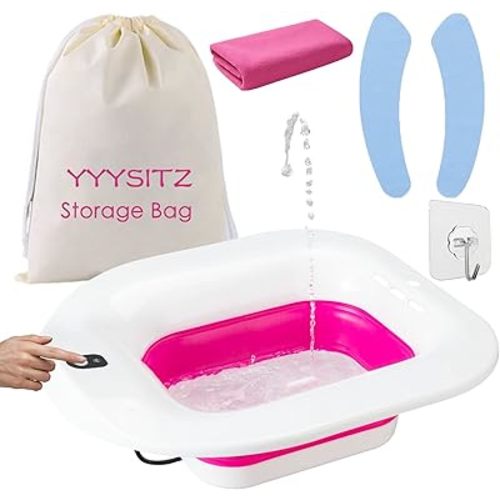 Sitz Bath, Electric Sitz Bath for Hemorrhoids, Sitz Bath for Toilet Seat, Postpartum Care Pan for Women, Yoni Hip Bath Basin, Sits Bath Soak Salts Tub, Vaginal Wash Bowl, Foldable, Pink