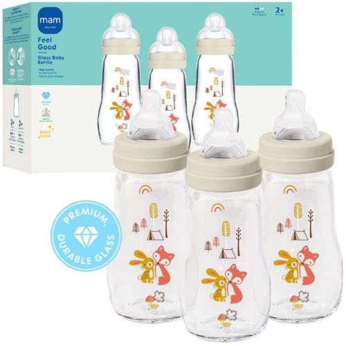 MAM Feel Good Glass Baby Bottles - Beige - 6 fl oz/3pk: BPA-Free, BPS-Free, Level 1 Slow Flow Nipple