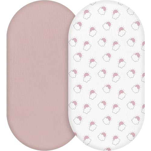 Muslin Bassinet Fitted Sheets 2 Pack, Soft Breathable Cotton Baby Bassinet Mattress Sheet Set, 360° Elastic Snug Fit, Universal for Oval, Rectangle & Hourglass Cradle, Unisex Baby Bedding (Pink Cloud)