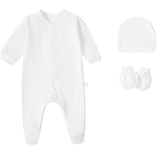 FITFIFTH POD Baby Rompers 0~3 to 3-6 Months 100% Cotton Footies 3PCS Jumpsuit with Solid Hats Mittens Gloves