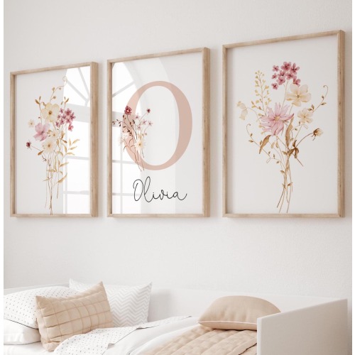 Custom Wildflowers Prints, Floral Nursery Wall Art, Boho Baby Girl Nursery Decor, Watercolor Flowers Set Of 3 Personalised Initial Name Sign