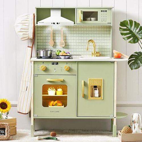Tiny Land Play Kitchen for Kids, Wooden Kids Play Kitchen Playset Chef Pretend Play Set for Toddlers with Real Lights & Sounds, Toys Kitchen with 18 Pcs Toy Food & Cookware Accessories