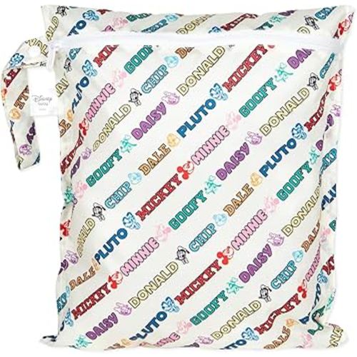 Bumkins Disney Waterproof Wet Bag for Baby, Travel, Swim Suit, Cloth Diaper, Pump Parts, Pool, Beach, Gym Clothes, Toiletry, Hook to Stroller, Daycare, Zipper Reusable Wetdry, Mickey and Friends White