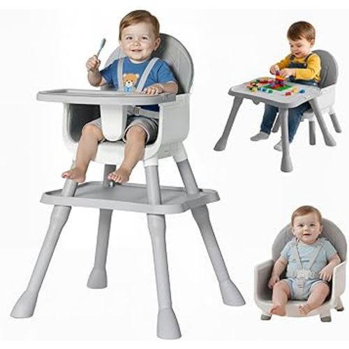 6-in-1 Convertible Baby Highchair, Booster Seat, Toddler Chair & Building Block Table, with Removable Tray, Easy Clean Cushion & 5-Point Harness (Grey)