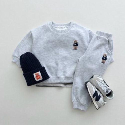 MyKids-USA Spring and Autumn Kids Unisex Casual Teddy Logo Long Sleeves Top Pullover and Pants Clothing Set Grey 66 (3-6M)