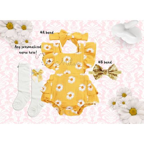 Personalized Groovy Daisy Baby Romper: Yellow Outfit with Headband