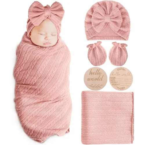Newborn Receiving Blanket with Bow Hat Mittens Wooden Card Set Wheat-Pattern Newborns Toddler Baby Boy Girl Nursery Swaddle Wrap
