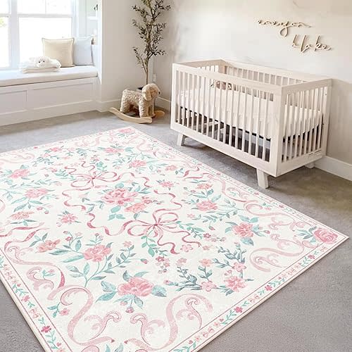 Pink Rug Bow Floral Rug for Girls, 5x7 Washable Area Rugs for Bedroom Living Room, Kitchen,Dining Room,Kids Room, Playroom, Cute Ultra-Thin Non Slip Low Pile Indoor Carpet