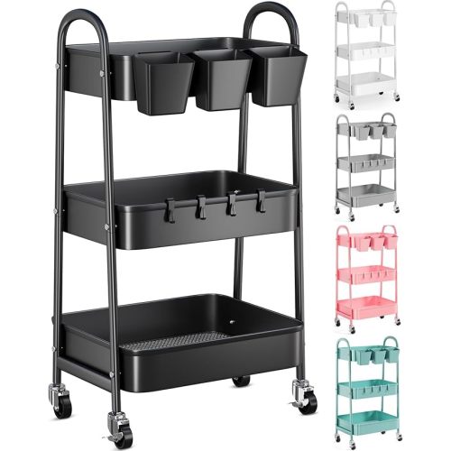 3 Tier Metal Rolling Cart with Lockable Wheels, Black Three Tiered Utility Storage Organizer Carts on Wheels for Bathroom, Kitchen, Laundry, Garage, Office, Craft, Art, Baby, Diaper Caddy, Snack, Book