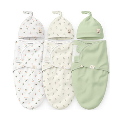 3-Pack Organic Baby Swaddle Sleep Sacks with Knot Hats, Newborn Baby Swaddles Wrap, Ergonomic Wearable Blanket