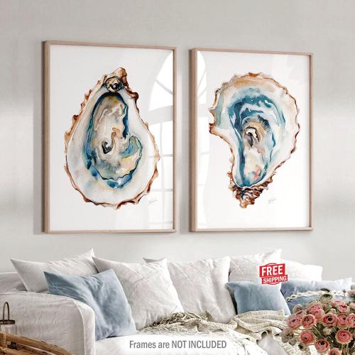 Oyster Wall Art Prints: Coastal Sea Shells Watercolor Painting, Beach Home Decor