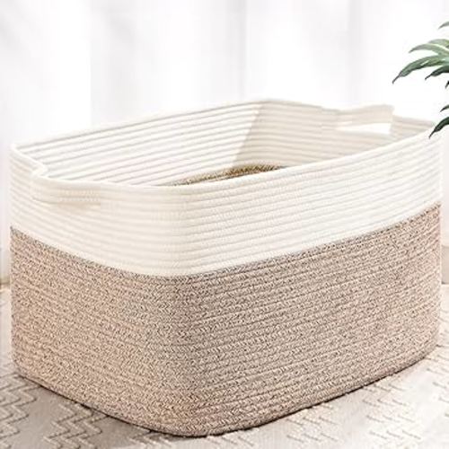 Large Blanket Basket, 60L Storage Baskets for Organizing, Woven Laundry Basket for Blankets, Cotton rope Blanket Storage for Living Room, Nursery Room, 19.7" L x 15.74" W x 11.8" H, Brown