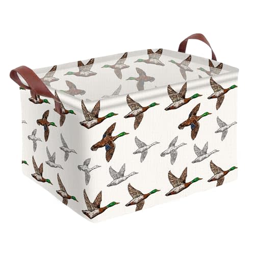 Mallard Duck Storage Basket Waterproof Canvas Toy Storage Bin Mallard Duck Room Decor Collapsible Outdoor Basket with Leather Handles Blanket Baskets For Closets,Bedrooms,Gifts Baskets