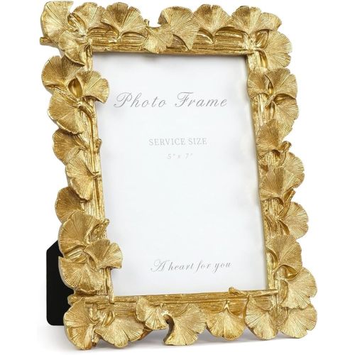 Cuspin 5x7 Picture Frame, Vintage Ornate Gold Resin Frame with Glass Front, Ginkgo Leaf Textured Photo Frame for Wall Hanging or Tabletop Display, Retro Design Home Decor Gift