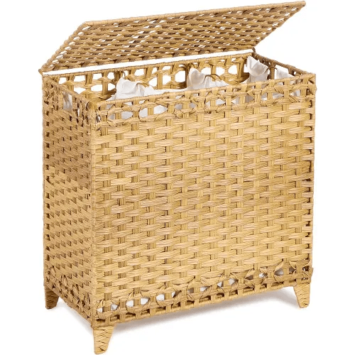 Laundry Hamper with 3 Removable Liner Bags; 132L Handwoven Rattan Laundry Basket with Lid & Heightened Feet; Clothes Hamper with Side Handles; Laundry Sorter with 3 Separate Sections (Natural)