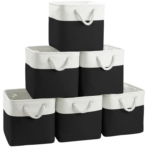 FinishingBo Large 11x11 Inch Cube Storage Bins with Cotton Handles for Closet, Shelves, Clothes, Toys, Towel (White/ Black-6 Pack)
