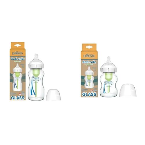 Dr. Brown's Anti-Colic Options+ Wide-Neck Glass Baby Bottles, 9 oz & 5 oz with Level 1 Slow Flow Nipples, 2 Pack
