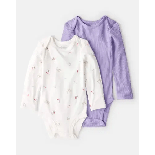 Baby Girl Paint Print PurelySoft Long-Sleeve Multipack Bodysuits - White/Purple | Carter's