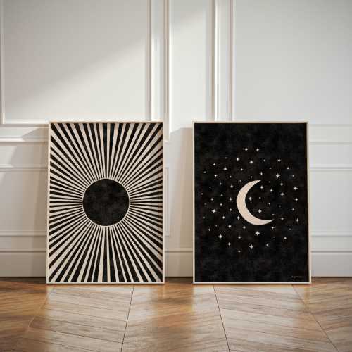 Black and Beige Sun and Moon Stars Poster Set | Boho Art Set of 2 Prints | Mid Century Modern Diptych Wall Art