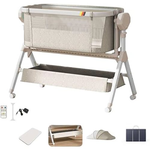 Bassinet,Automatic Rocking Bassinet,Bedside Sleeper for Baby,Newborn Co-Sleeper Tavel Cribs Unisex Infant 0-6M (Khaki)