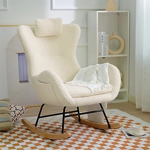 Rocking Chair Nursery, Teddy Upholstered Rocker Gilder Chair with High Backrest, Adjustable Headrest and Pocket, Comfy Glider Chair for Nursery, Bedroom, Living Room, Office, Beige