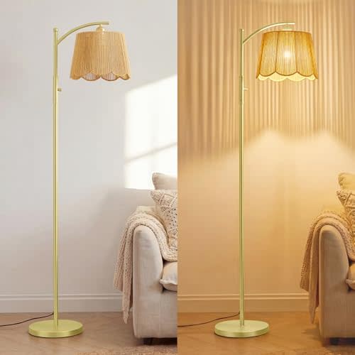 Rattan Boho Arc Floor Lamp with Flower-Inspired Scalloped Woven Shade