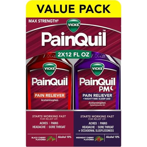 Vicks PainQuil Pain Relief Acetaminophen 1000mg Max Strength‡ Adult Pain Reliever Liquid 2x12oz, Backache Headache Relief, 1 Daytime Pain Reliever x 1 Nighttime Pain Relief + Sleep Aid