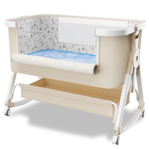 whiffee 3 in 1 Baby Bassinet,Bedside Sleeper with Storage Basket and Wheels,Portable Baby Crib with Mosquito Net, 6 Adjustable Height & Breathable Mesh,Easy to Fold (White&Beige)