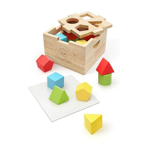 Bimi Boo Wooden Shape Sorter Toy for Babies - Premium Simple Sorting Box with Noise-Reducing Silicone Pad - Classic Montessori Toy for Toddlers (8 Various Blocks, 1 Box, 1 Silicone Pad)