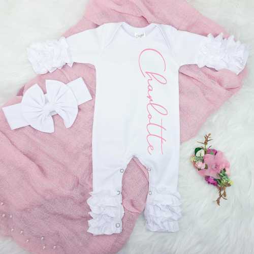 Personalized Baby Girl Coming Home Outfit – Ruffled Newborn Baby Romper – Newborn Layette Set – Custom Baby Shower Gift – Custom Name Outfit
