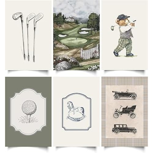 6 Pcs Vintage Teddy Bear Nursery Golf Wall Art Sage Green Kids Sports Wall Decor Pictures Vintage Cars Canvas Posters Prints for Boys Kids Toddler Room Home Decoration 8x10in Unframed