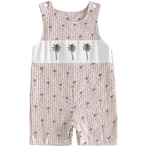 Newborn Baby Boy Summer Outfit Romper Sleeveless Coconut Tree Embroidery Plaid Jumpsuit Infant Overalls Clothes