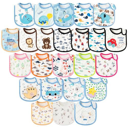 Cotton Waterproof Baby Bibs - 24Pcs Adjustable Hook Loop Closure Bib for Feeding Teething Drooling Eating, 6-12 Months