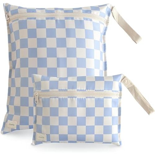 mushie Water Resistant Wet Bags | Large & Small Reusable Storage Bag for Baby Items and Travel | Zippered Pockets with Handle | Machine Washable, Set of 2 (Blue Check)