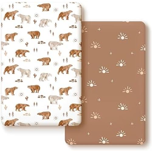 Stretchy Ultra Soft Jersey Knit Fitted Pack n Play Sheets Set 2 Pack, Portable/Mini Crib Sheets for Boys and Girls, Universal Snug Fitted for Pack N Plays, Stylish Playard Sheets of Sunny Bear Print