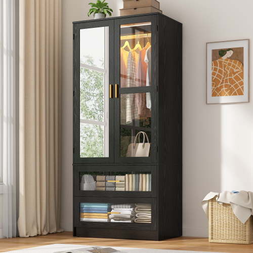 2 Doors Armoire Wardrobe Closet for Bedroom, with Mirror & 2 Drawers & LED Sensor Light, 71" H Wardrobe Closet Cabinet with Hanging Rod, Glass Doors