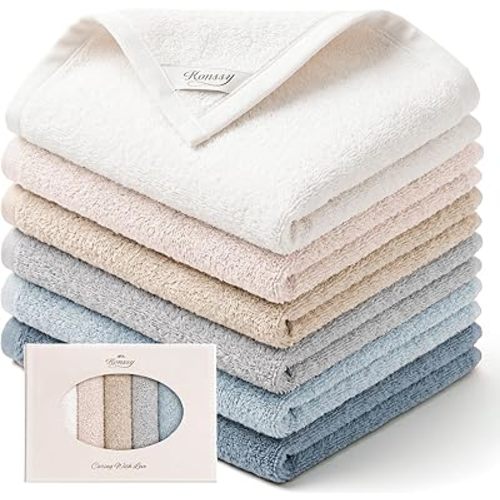 Konssy 100% Cotton Terry Face Wash Cloths, 12x12 inch Soft & Absorbent Terry Face Cloths for Face Washing & Makeup Removal, 6 Pack Assorted Colors Washcloths with Hanging Loop