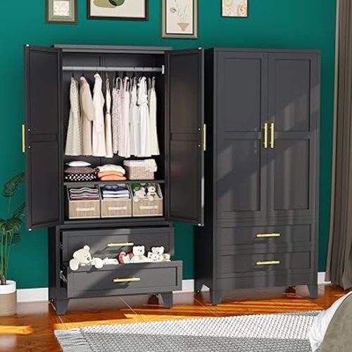Metal Armoire Wardrobe Closet, 71 "Metal Clothing Storage Cabinet with Adjustable Shelves and Hanging Rod, Household Steel Wardrobe Storage Cabinet with Drawers (Armoire-Black)