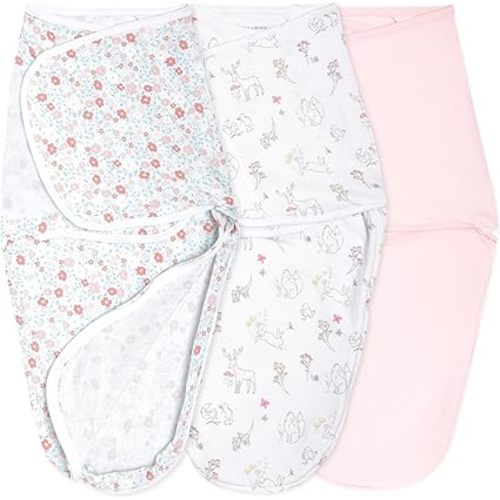 aden + anais Essentials Easy Swaddle Wrap Quick Change with Bottom Zipper, Snug Cotton Knit Baby Wrap Swaddle Blanket for Newborns, TOG 1.0, 3-Pack, Fairy Tale Flowers, 0-3 Months, Small/Medium