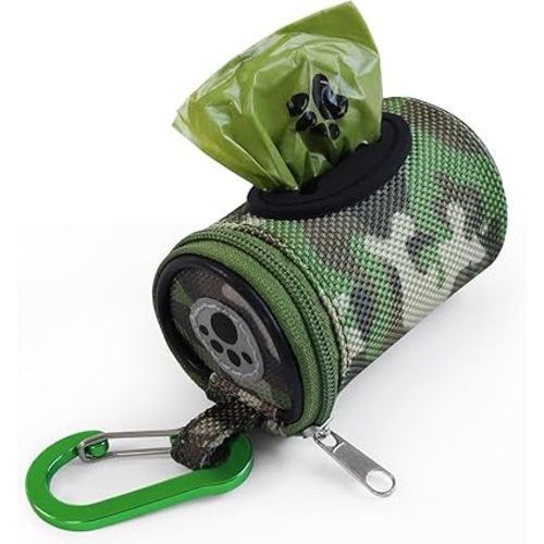 FURHAB Dog Poop Bag Holder for Leash Doggie Waste Bag Dispenser Puppy Potty Carrier Small Doggy Zipper Pouch with Carabiner Clip 1680D Nylon Oxford with 1 Roll of Pet Trash Bags, Woodland Camo
