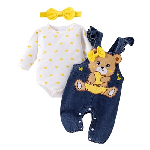 TOKIAGO Baby Girl Clothes Outfits Fall Winter Cute Love Romper Bear Cartoon Overalls Jeans Pants Headband Set 0-18 Months