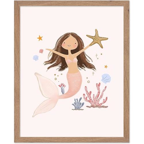 Poster Master Nursery Poster - Mermaid Print - Fairy Tale Art - Chic Girl's Bedroom Art - Nautical Nursery Wall Art - Boho Kid's Room Decor - 8x10 Beige Framed