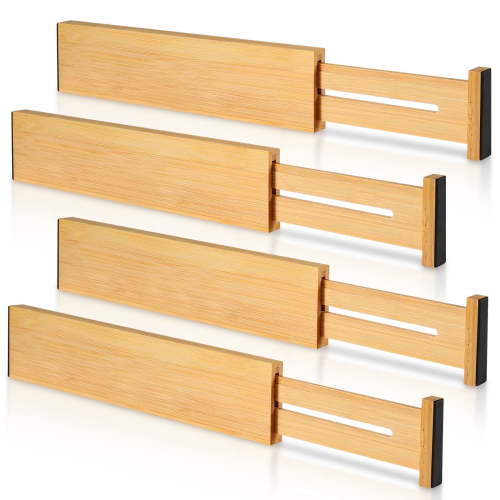 4 Pack Bamboo Drawer Dividers, Adjustable Length from 12 Inch to 17 Inch, Expandable Kitchen Drawer Organizer, Drawer Organization Separators for Clothes, Kitchen, Bedroom, Dresser, Office (Beige)