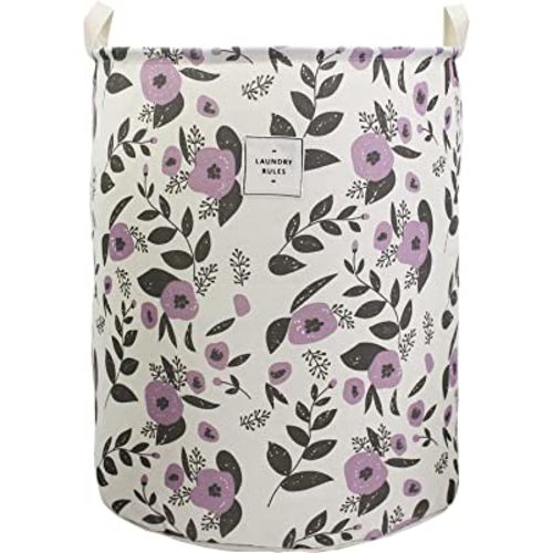 Mziart Collapsible Laundry Basket, Floral Printing Large Laundry Hamper for Baby Girls Kids Toys Clothes Organizer Foldable Storage Bin Waterproof Canvas Nursery Storage Basket with Handles (Purple)
