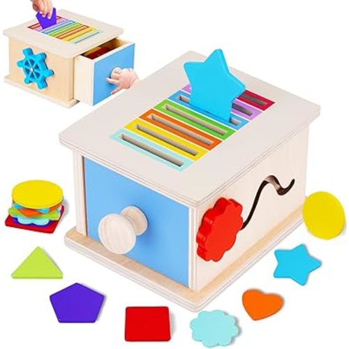 FCSONU Toddlers Montessori Coin Box Toys for 1 2 3 Year Old Boys Girls, Wooden Baby Toys for Toddlers 1-3, Color Sorting Stacking Sensory Toys for Ages 2-3, Easter Birthday for Kids