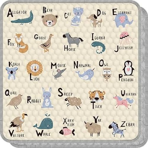 Baby Play Mat for Floor 59x59, Soft Portable, Non-Slip Crawling Mat Machine Washable Foldable Playmate for Babies,Toddlers, Infants Indoor/Outdoor Use, Alphabet & Animal Design