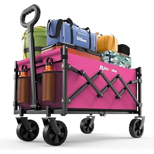 Collapsible Wagon with Wheels, 220 lbs Wagons Carts Foldable Wagon Cart with Flexible Handle, Lightweight Portable Folding Utility Grocery Shopping Cart for Grocery Sports Garden Camping, Pink